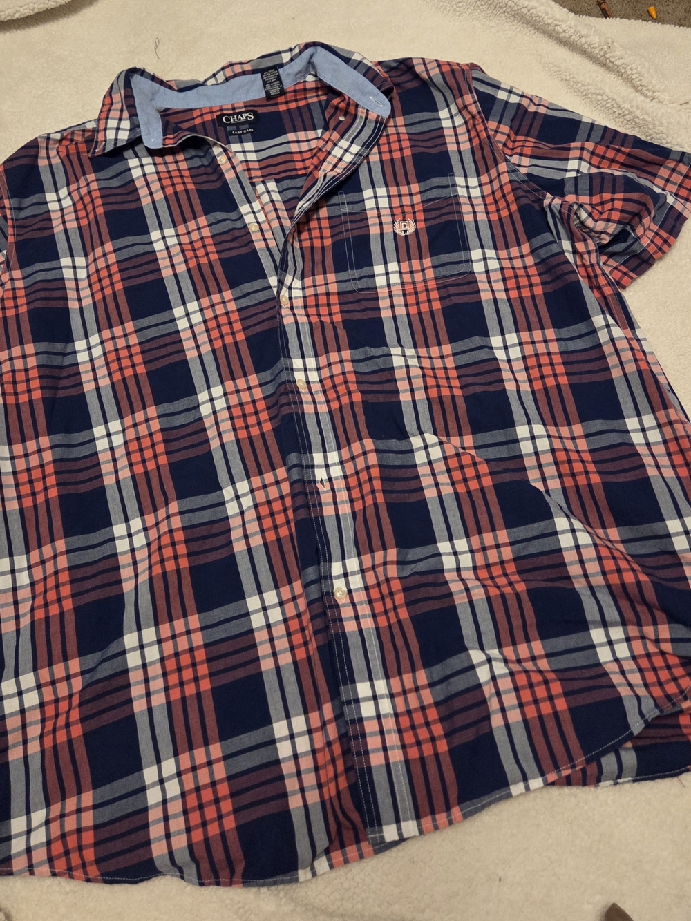 Chaps Men's Navy and Coral Plaid Button-Up Shirt